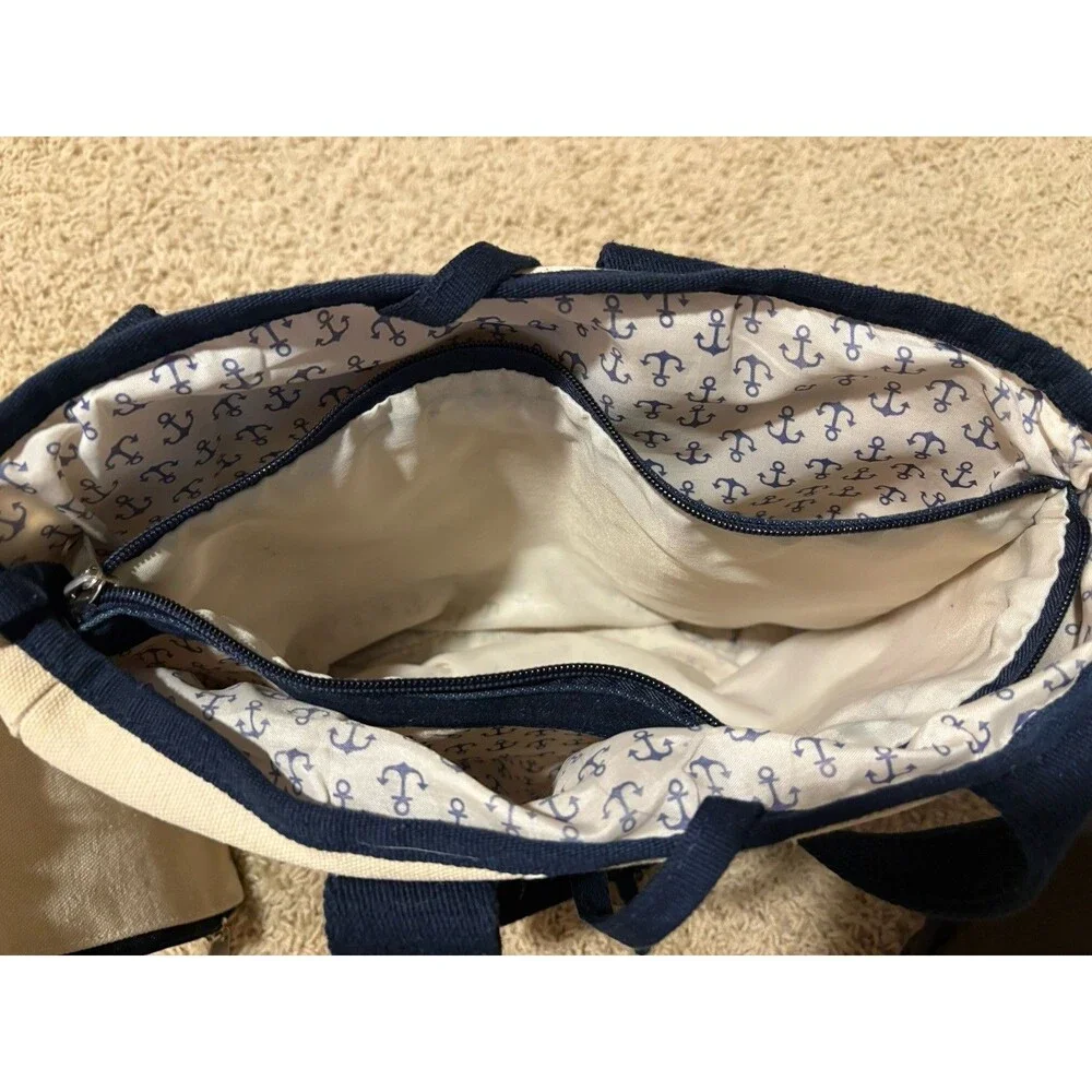 Boat Tote Bag Ivory Blue Matching Wristlet Anchor Print Lining 13”x 10